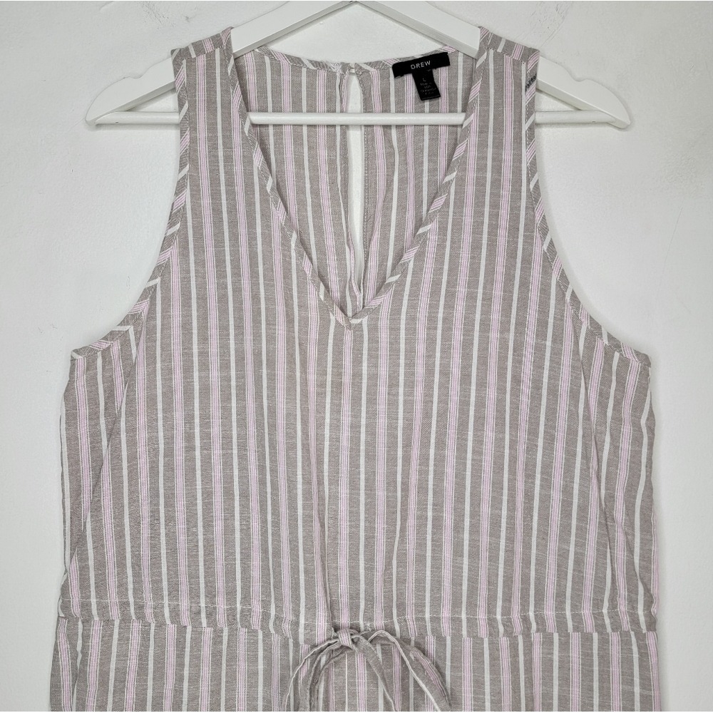 DREW Jumpsuit Women Large Tan Pink Stripe Cotton Wide Leg Sleeveless V-Neck Boho - Picture 3 of 13